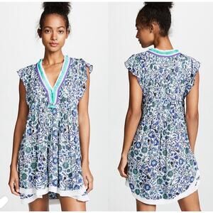 POUPETTE ST BARTH Sasha Floral Mini Dress Blue Holly Cover-Up Lace S